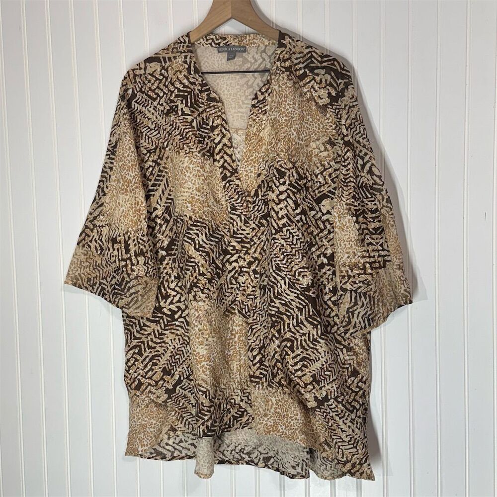 Jessica London 18W Brown Animal Print Linen Blend Tunic Top Boho Safari Blouse